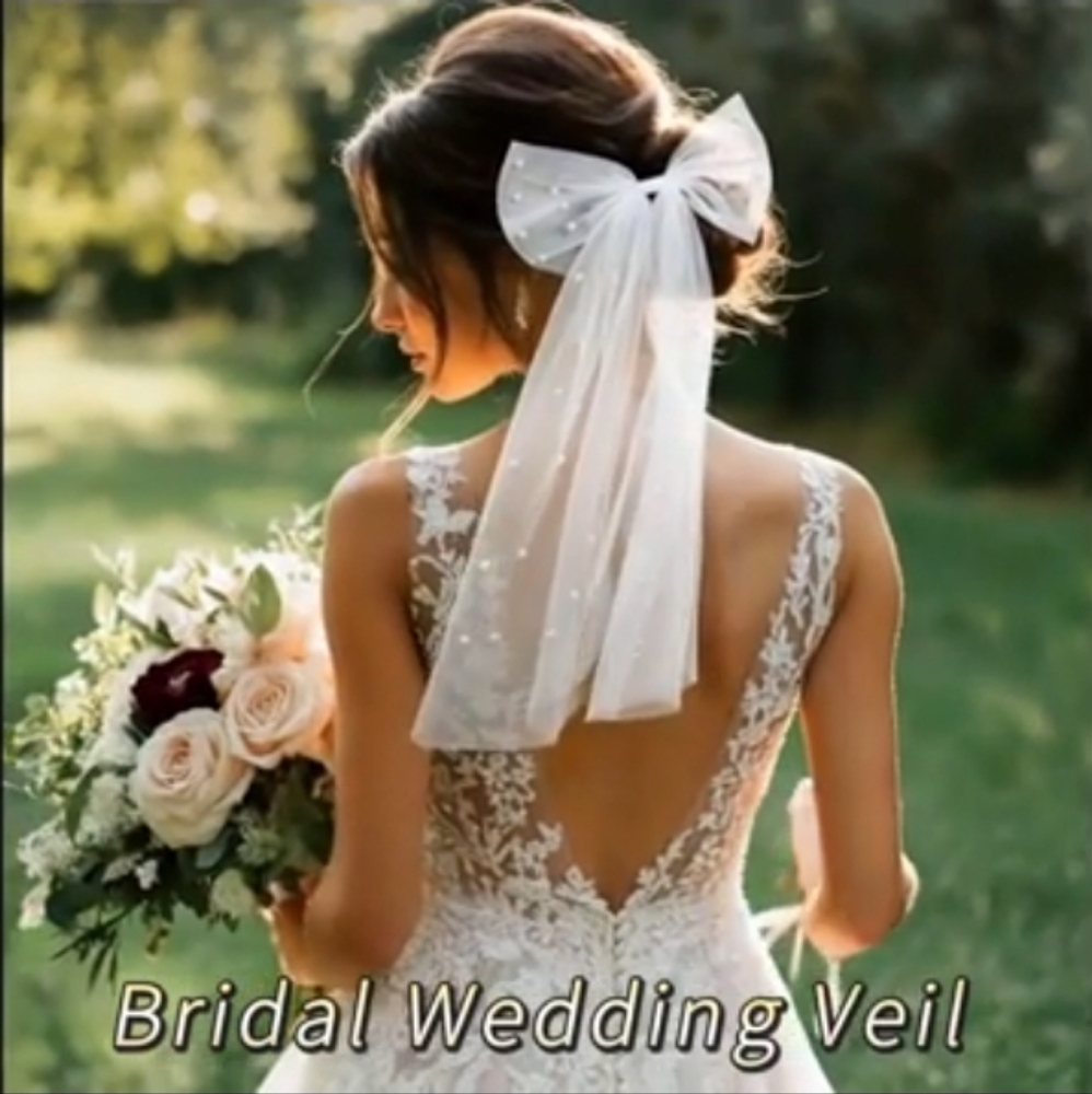 🆕Elegant White Tulle Bridal Bow Veil with Faux Pearls